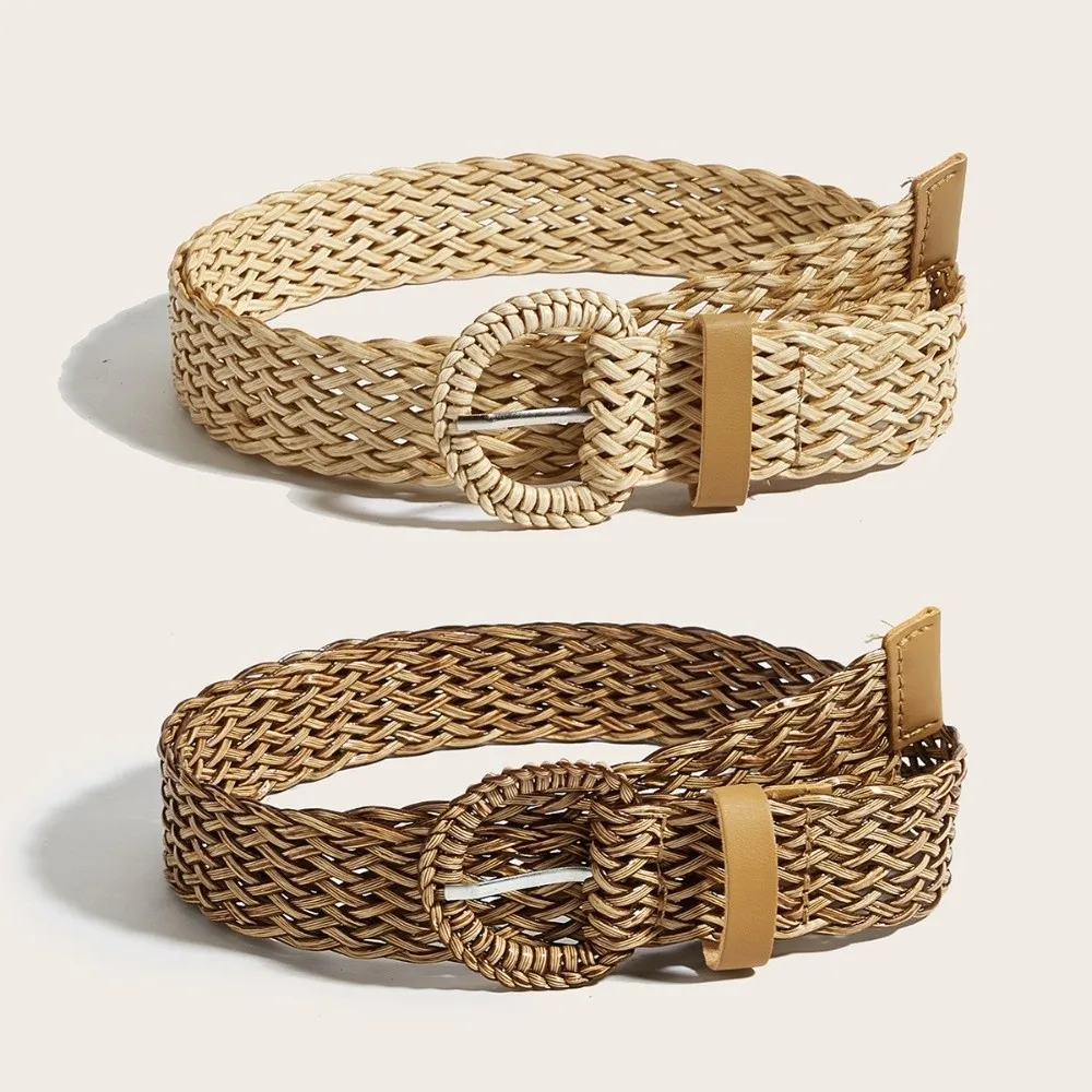 Adjustable Fit Woven Waist Belt Vintage Style Ethnic Style Braided Waist Belt Round Ring Buckle Women Waist Belt Daily Outfits