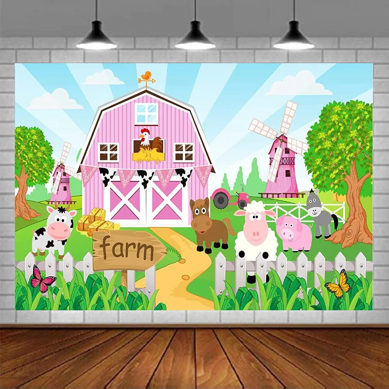 Toile de fond de photographie de ferme rose, décor d'animaux de ferme, fête d'anniversaire, fond de douche de bébé, fournitures de bannière