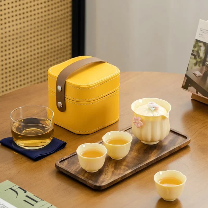 

Новый китайский керамический дорожный чайный набор желтый драгоценный камень портативный уличный чайный набор и чашка кунг-фу пузырьковый чайник Деловой Подарок