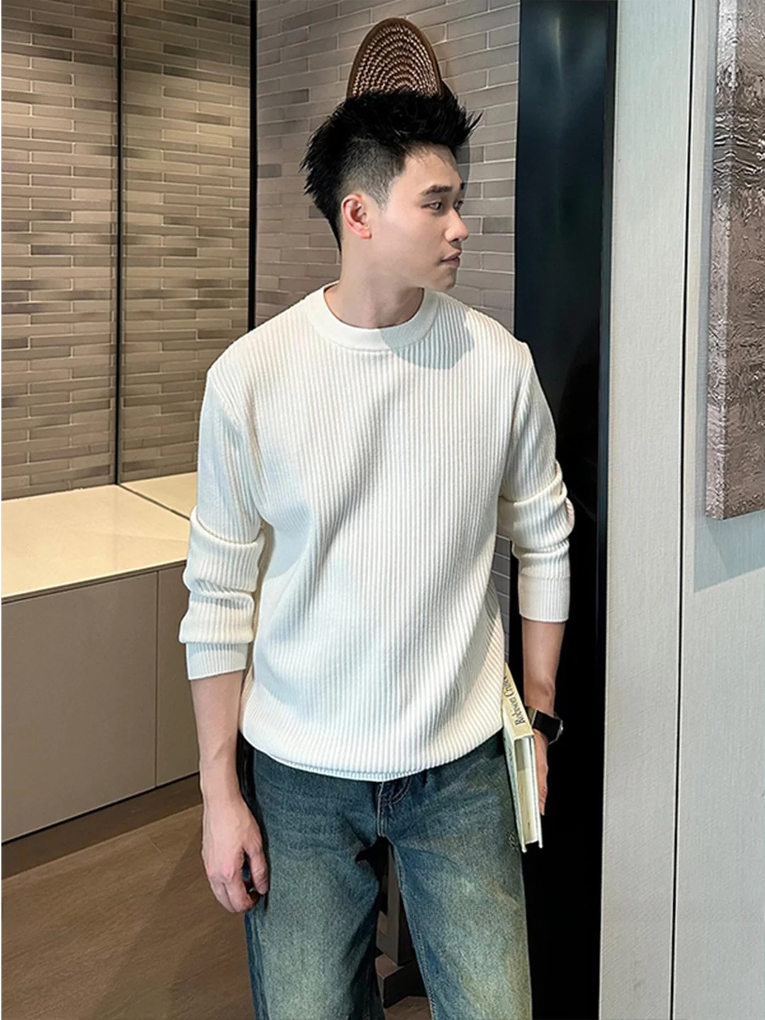 

Men's Knitted Long Sve Sweater Inner Wear White Striped Texture Loose Sle Autumn Winter Casual Faion Straight Cut Fit