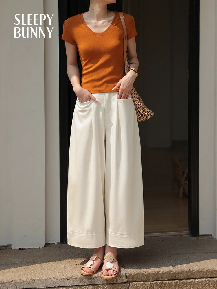 High Waist Balloon Pants Women Summer Cropped Trousers Loose Fit Vintage Style Wide Leg Casual Nine Points Pants Petite Friendly