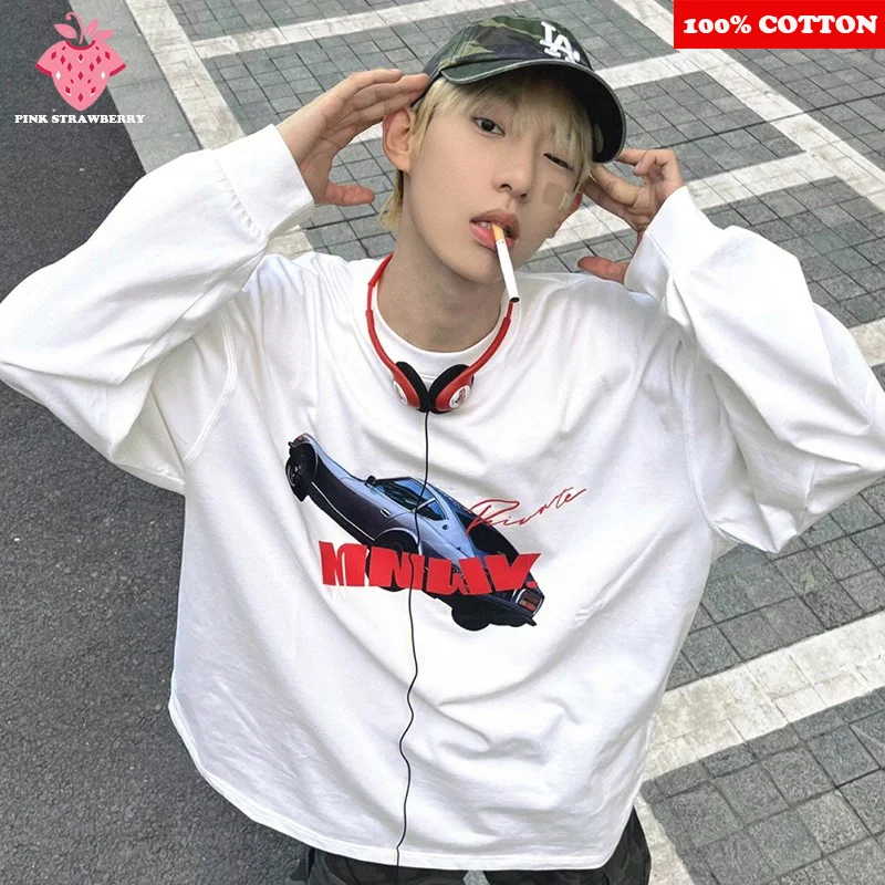 

American Street Car Print T-shirt Men Autumn New 100% Cotton Long sleeve Casual Loose Workout Shirt Y2k Tops Youth men clothing