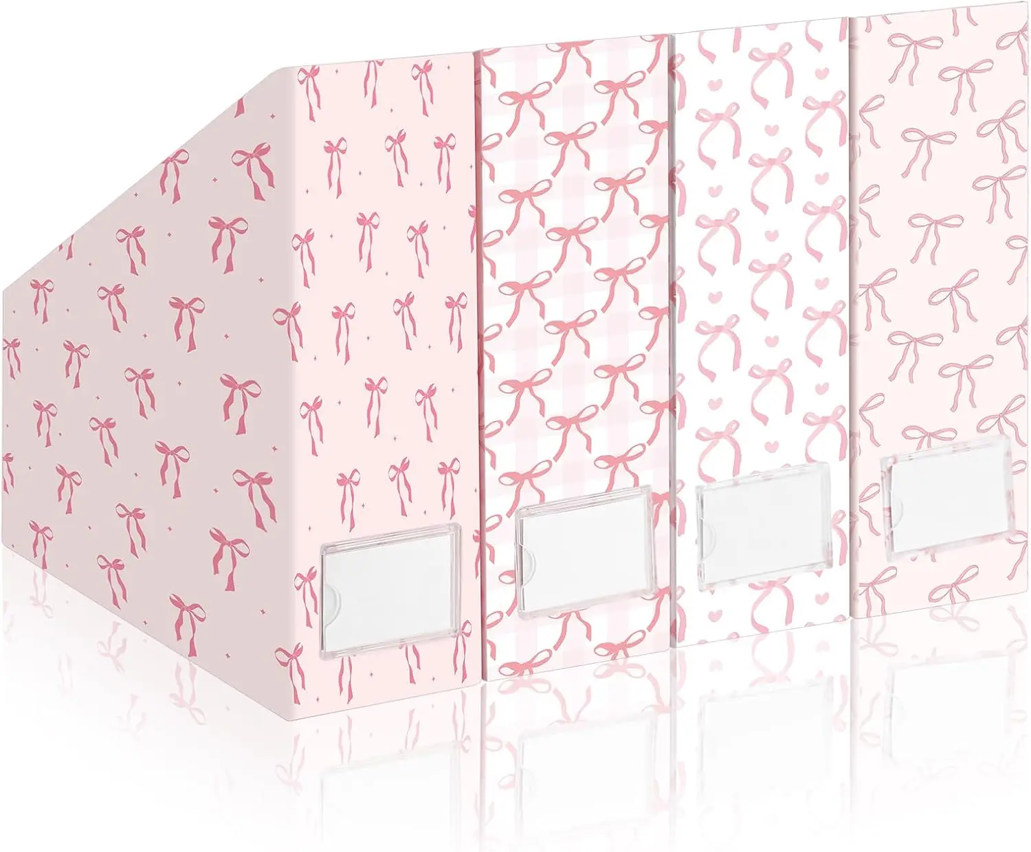 

Set of 4 Pink Bow Magazine File Holders, Decorative Foldable Cardboard Storage Boxes with Acrylic Label Holders for Office Home Organization