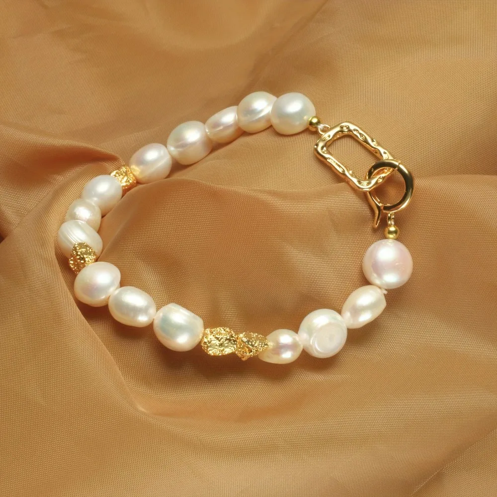 14k Gold Plated 8-9mm Baroque Natural Freshwater Pearl Bracelets Women\'s Hand Bracelet Christmas New Year Jewelry Gift Wholesale