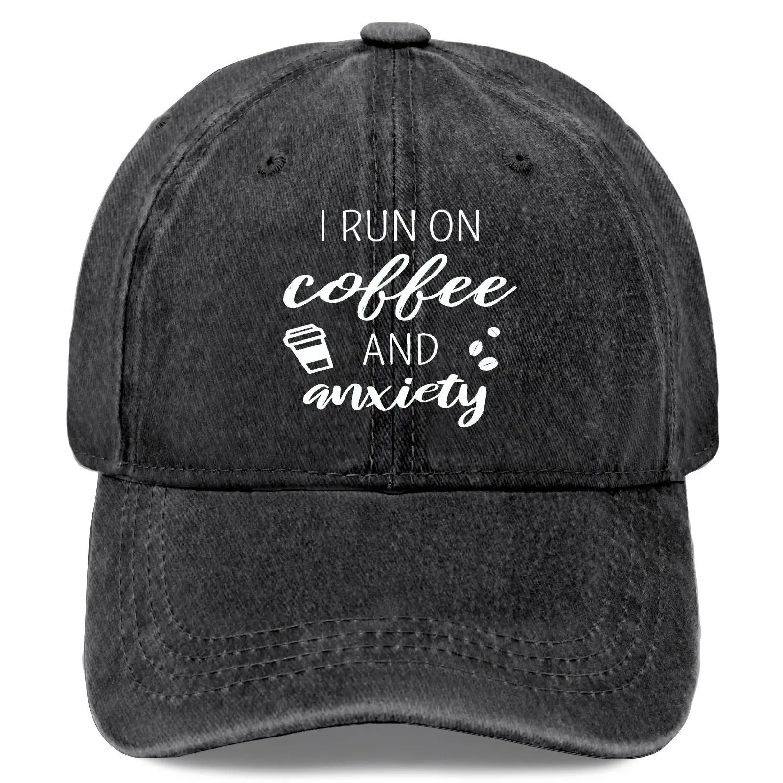 Vintage Coffee & Anxiety Themed Trucker Hat - Adjustable Dad-Style Hat with Caffeine Elements, Coffee Bean Print in Casual Style, Designed for Coffee Lovers, Suitable for Daily Wear and Outdoor Activities - Washed Vintage Finish
