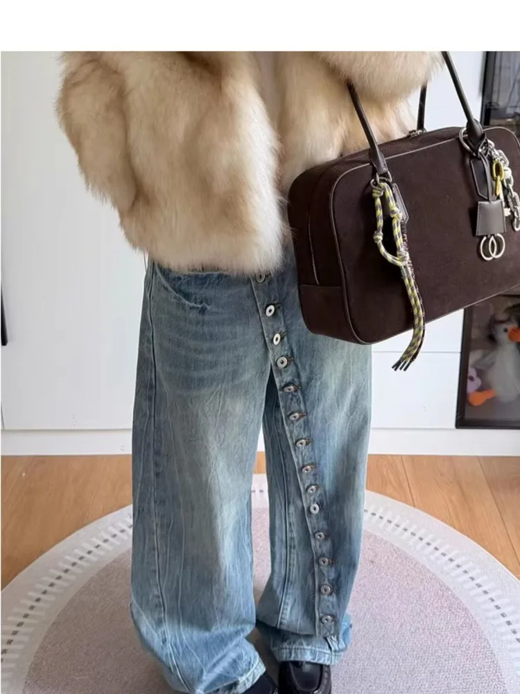 Women's Single-breasted Design Denim Jeans Fashionable Unisex Trousers Cool Girl Wide Leg Pants Female High Waisted Sweatpants