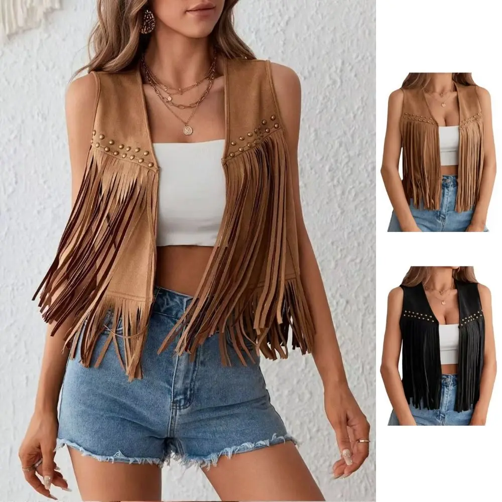 Fashionable Retro Fringed Vest Black/Brown Open Front Suede Vest Rivet Detailing Western Jacket for Women