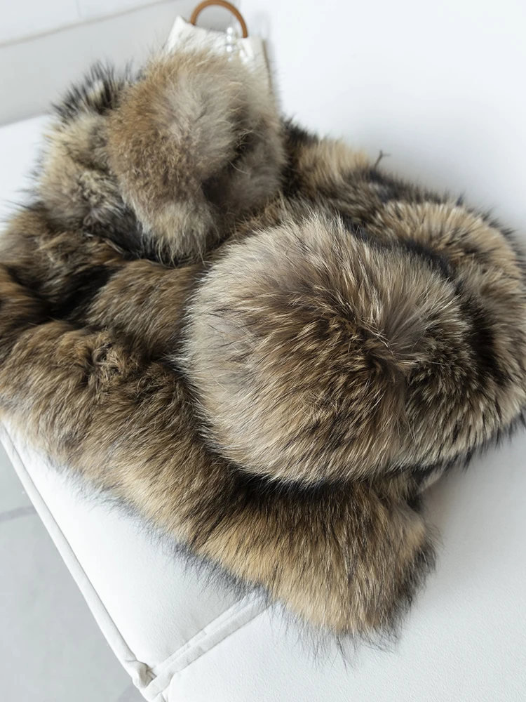 Winter Elegant Female Covered Button Thicken Keep Warm Raccoon Fur Coat Patchwork Genuine Leather Wide Waisted Fashion Women