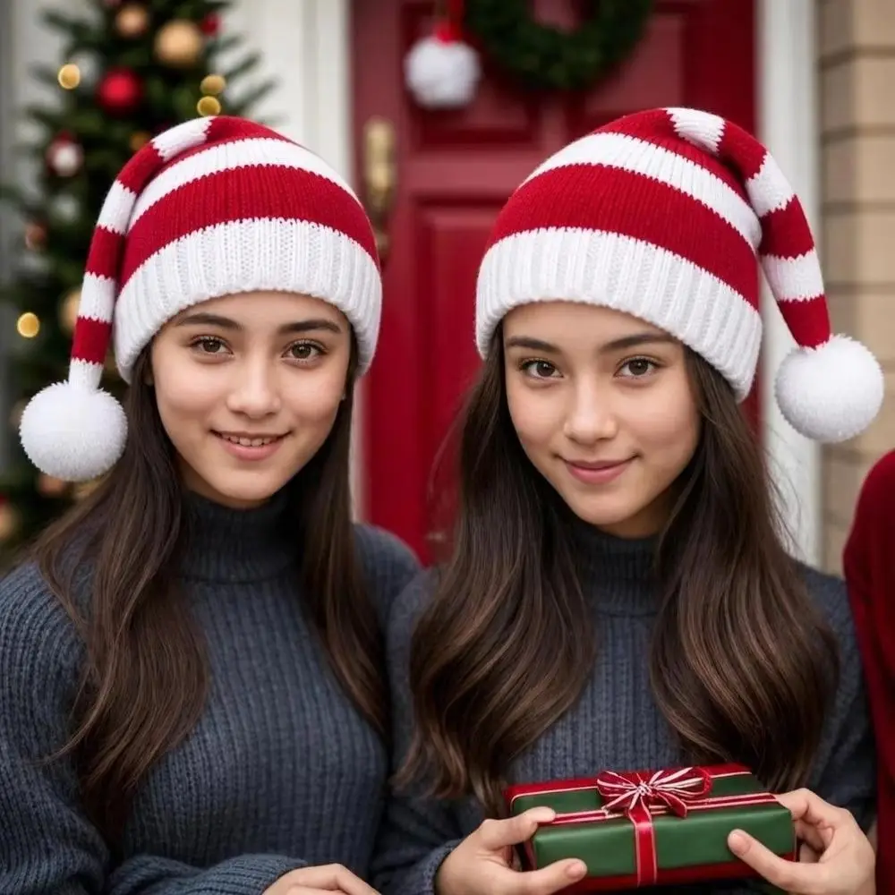 Gift Merry Christmas Hat Christmas Knitted Hat Stripe Warm Woolen Hat Green Red Korean Style Parent Child Hat