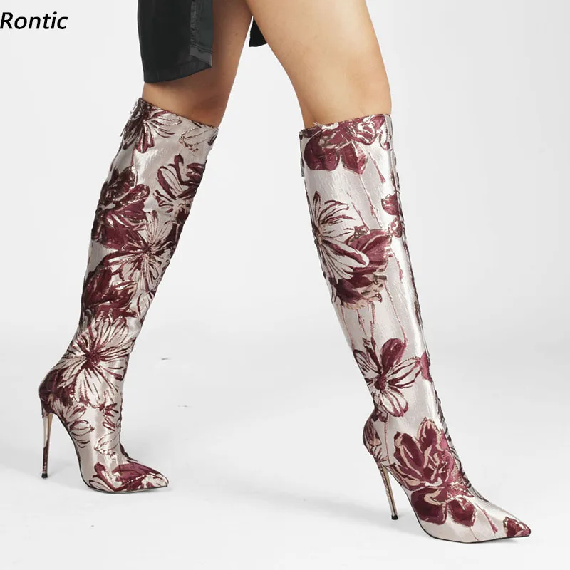 

Rontic/женские зимние сапоги до колена с вышивкой без шнуровки на шпильке с острым носком, довольно бордовые, синие туфли для вечеринок, размер США 5-15