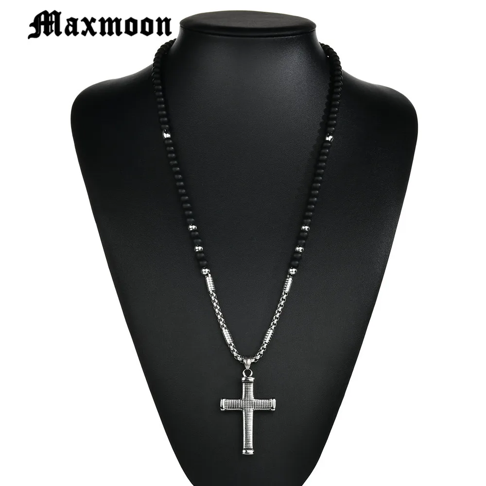 Maxmoon 3.5mm Black stone Beads with Stainless Steel  cross Pendant Mens Rosary Necklace Mens Mala jewelry