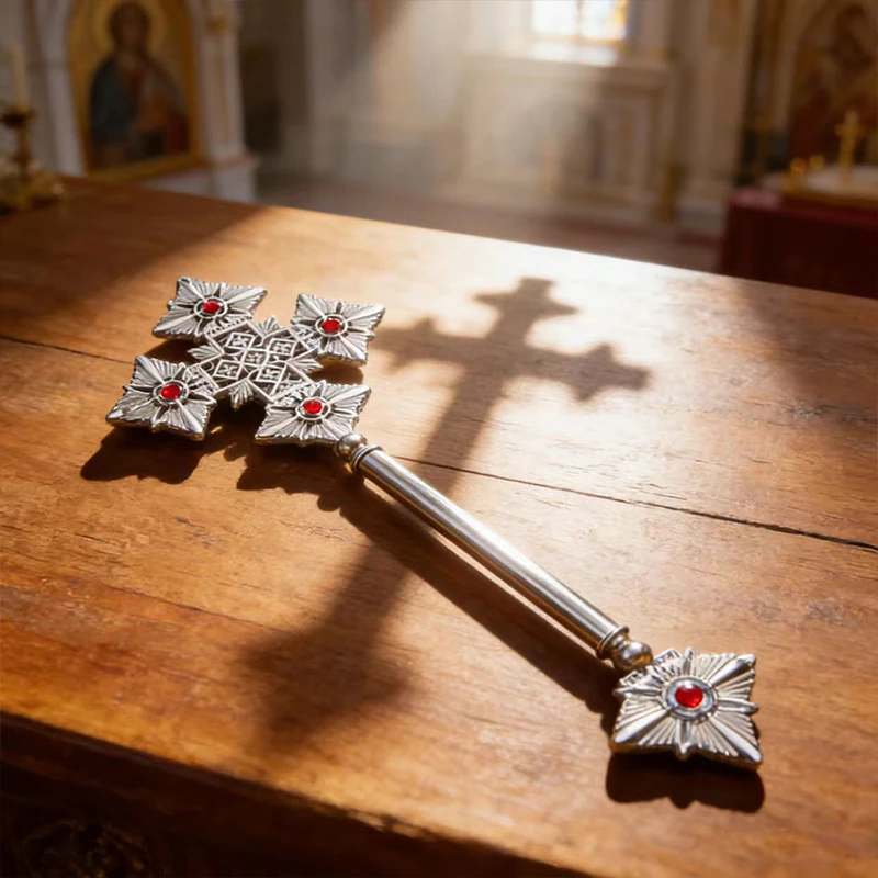 

New 2026 Premium Gold-Plated Orthodox Processional Cross with Radiant Sunburst Motif for Sacred Processions and Worship Services