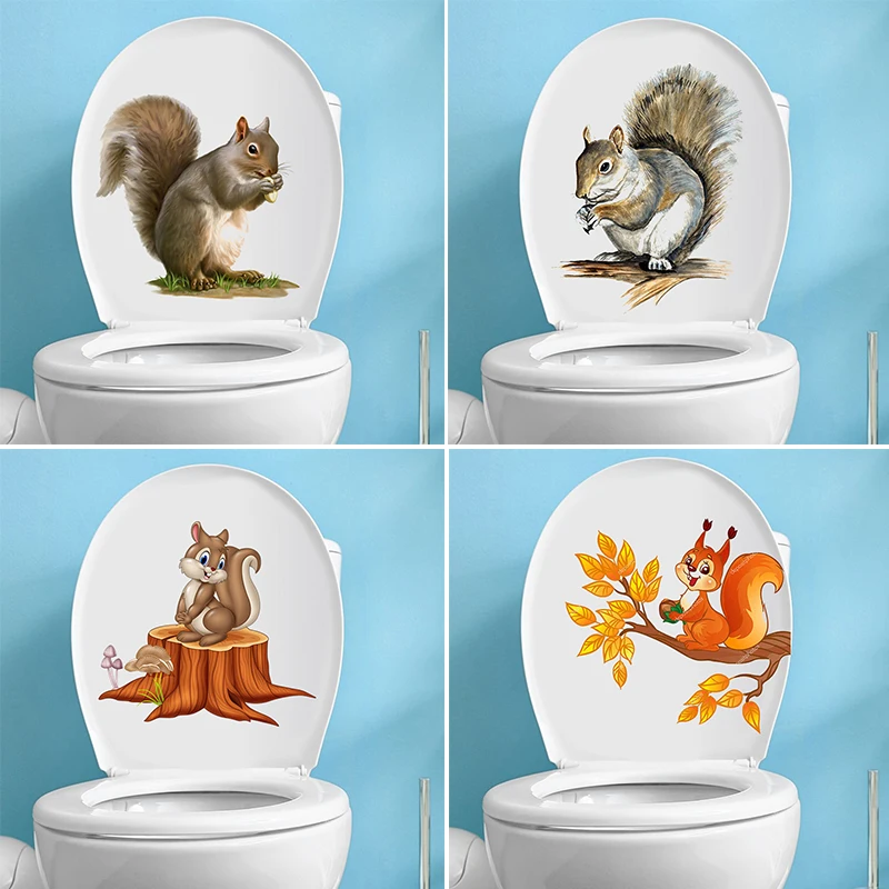 

T352# Squirrel Toilet Sticker Bathroom Toilet Cover Sticker Wall Stickers Animal Wc Accessories For Home BathRoom Decoration