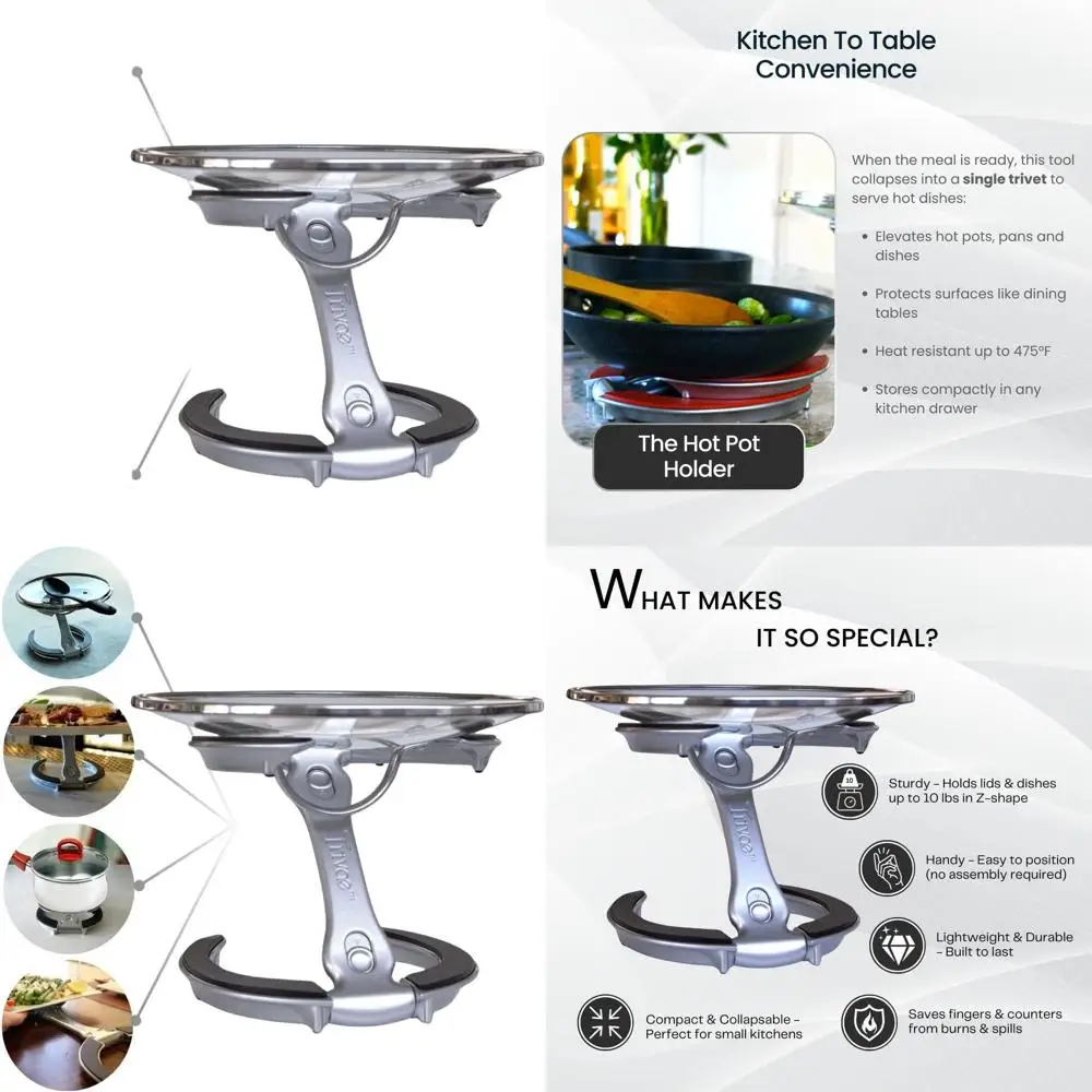 

Multi-Functional Pot Lid Holder - Cooking Aid, Heat-Resistant Trivet, Serving Stand & Space-Saver for Kitchen Use