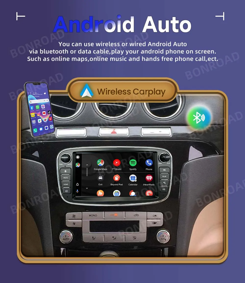 8-Core 4G+64G Android 13 Autoradio Voor Ford Focus II, Mondeo, S-Max, C-Max, Galaxy, Kuga - 7 Inch Touchscreen - Draadloze Carplay - GPS - Bluetooth - FM/RDS