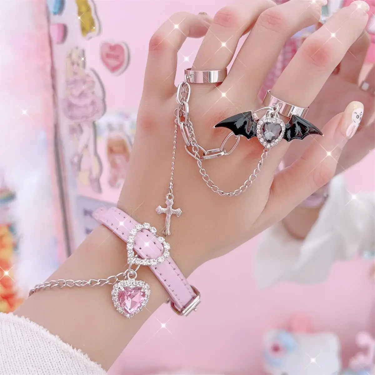 Japanese Mine Heart Shape Rhinestone Chain PU Leather Fashion Accessories Y2K Hot Girl Women Asian Culture Bracelet Wrist Ring