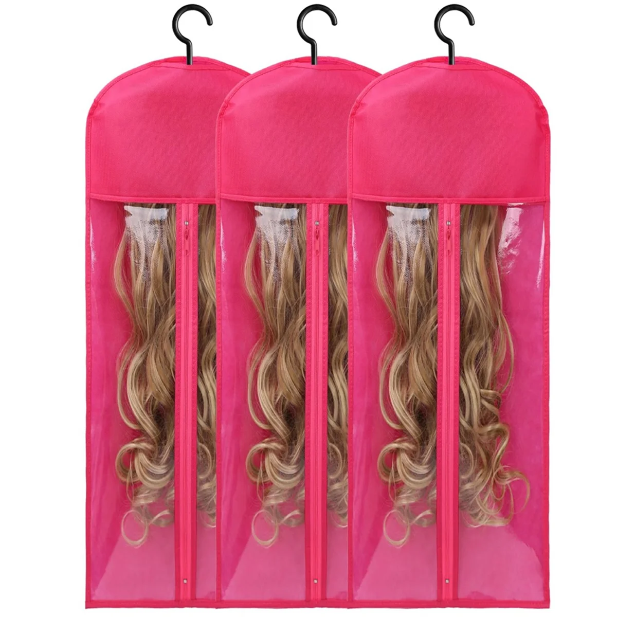 

3PCS Extra Long Wig Hanger and Storage Bags, Dustproof and Waterproof Hair Extension Holder, Designed for Wigs Rose Red