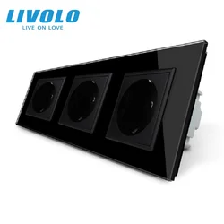 Livolo EU Standard Socket, Black Crystal Toughened Glass Outlet Panel, Triple 16A Wall Power Sockets Without Plug,VL-C7C3EU-11