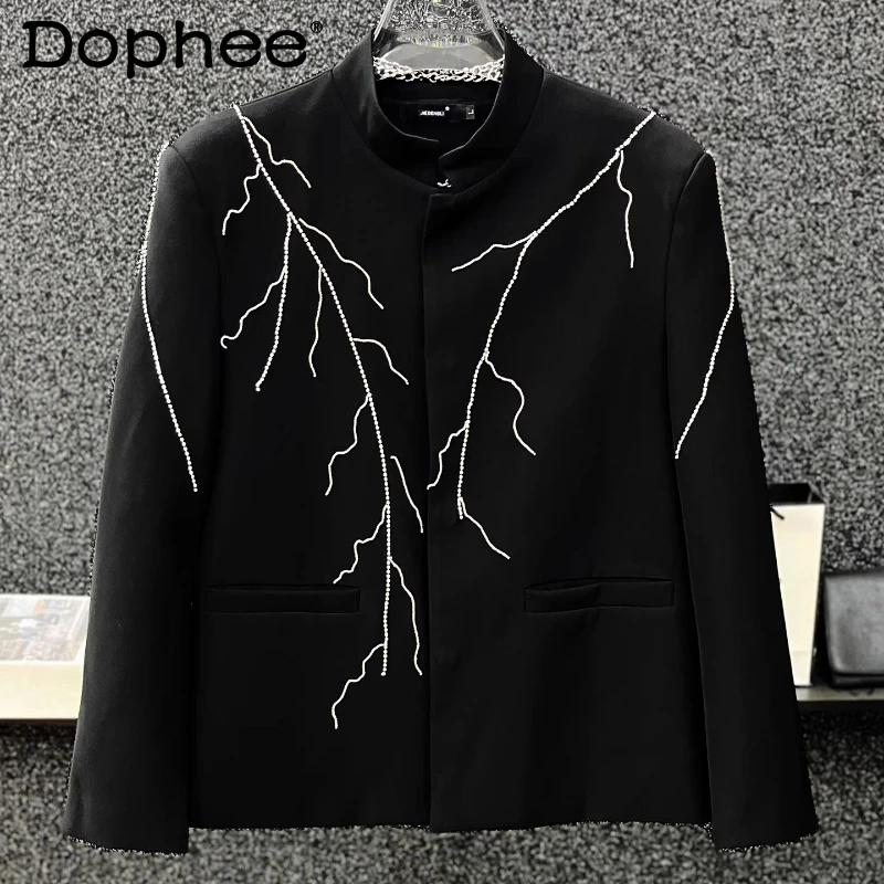 

High-end Handmade Flash Diamond Chic Blazers Men's 2025 Autumn New Loose Fashion Suit Jackets Trend High Street Long Sleeve Tops