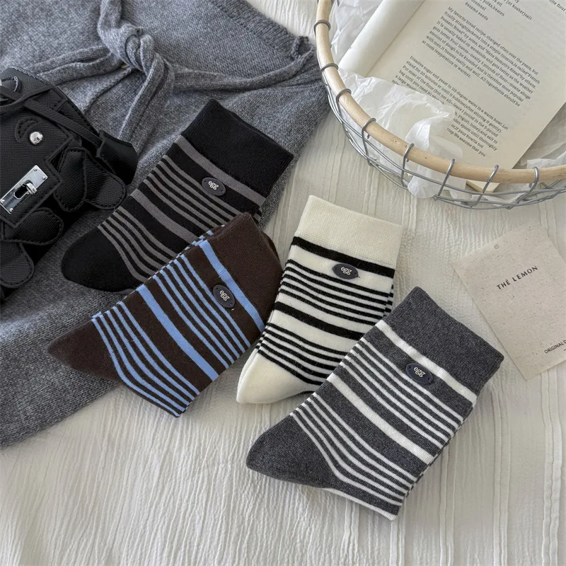 8 pairs of women's autumn winter new retro striped women's socks breathable simple comfortable casual mid tube socks