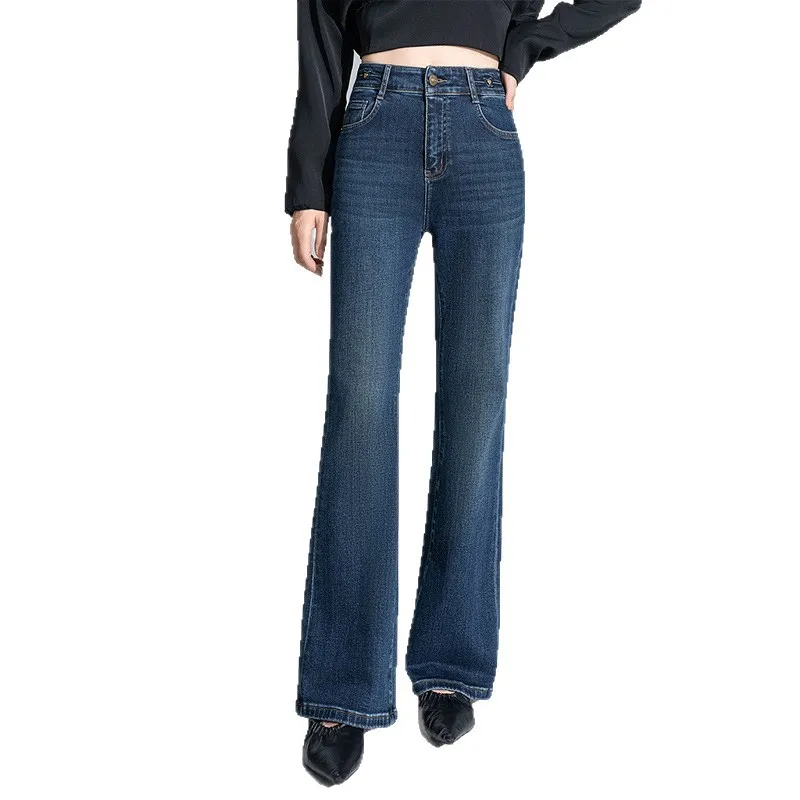 여성용 빈티지 플레어 진 봄과 가을 신상 하이웨이스트 스트레치 슬림핏 드레이프 벨바텀 블루 부츠컷 팬츠