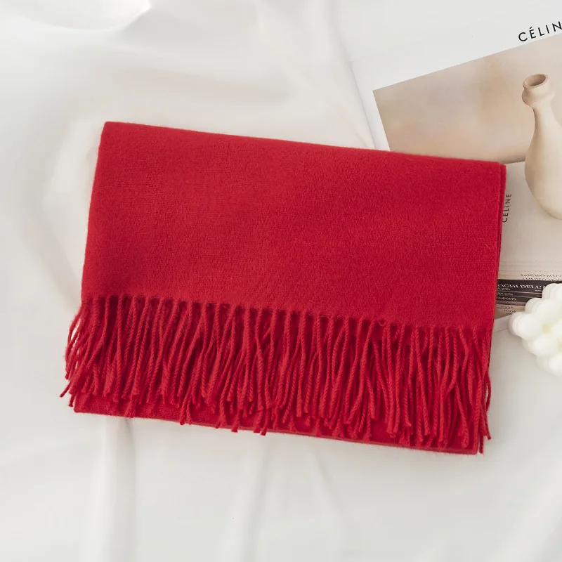 New Autumn And Winter Angora Red Scarf Lady High-End Sense of Imitation Cashmere Scarf Pure Color Warm Scarf Shawl