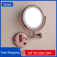 Rose Gold Led Folding Bathroom Mirror Wall Mounted Lighted Home Hotell Bathroom Makeup Mirror 5X Magnifying Plug Bath Mirrors