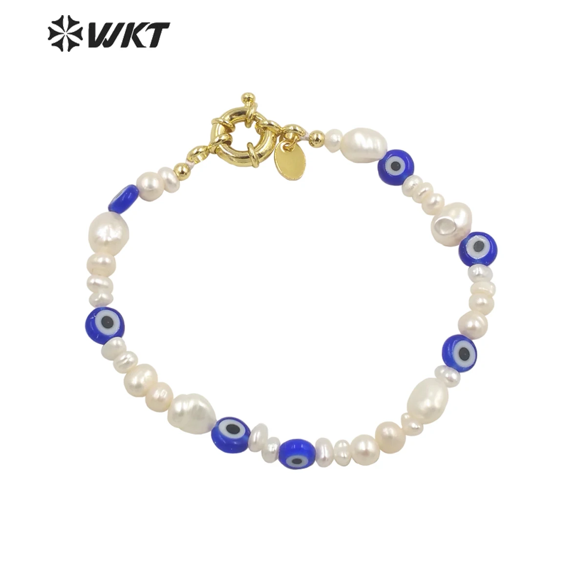 

WT-MPB071 WKT exclusive design new Blue Ceramic eye Beads Bracelets Gold Locker with Freshwater Beads irregular Pearl bracelets