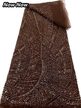 奢華棕色尼日利亞亮片串珠網紗蕾絲布料 2025 高品質非洲法式薄紗蕾絲布料,適用於洋裝 2025 6 最佳銷售 棕色蕾絲布料 - №1