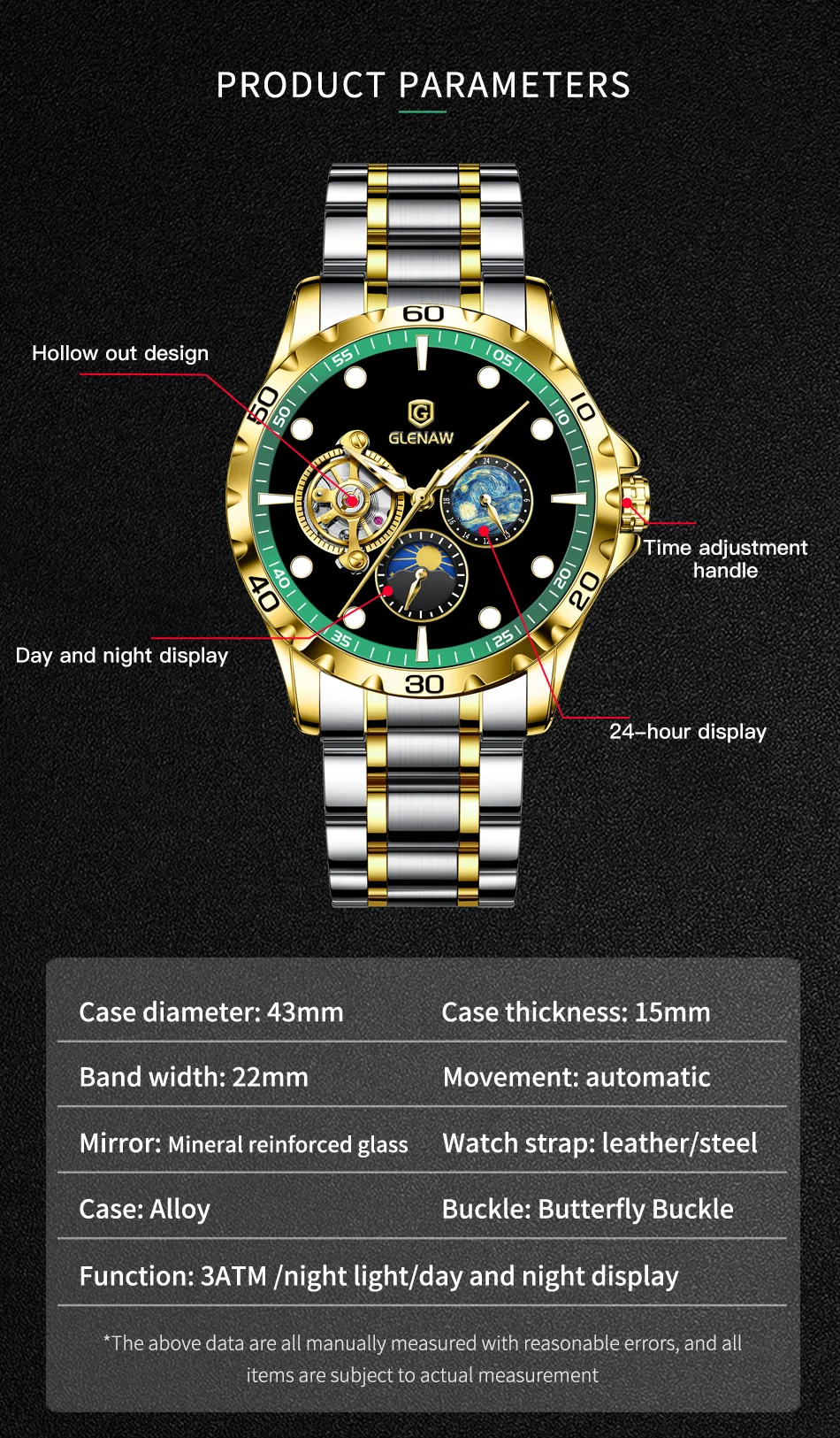 2024 GLENAW Original Design High end Brand Men\'s Automatic Mechanical Watch Casual Fashion Stainless Steel Strap Waterproof+Box