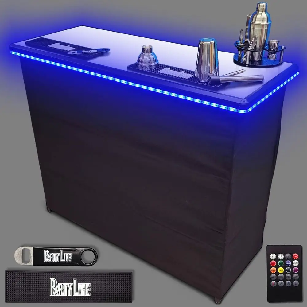 

Portable LED Lighted Bar with Wireless Remote, Folding Legs, Black Skirt, Storage Shelves, and Carrying Bags | Commercial Grade