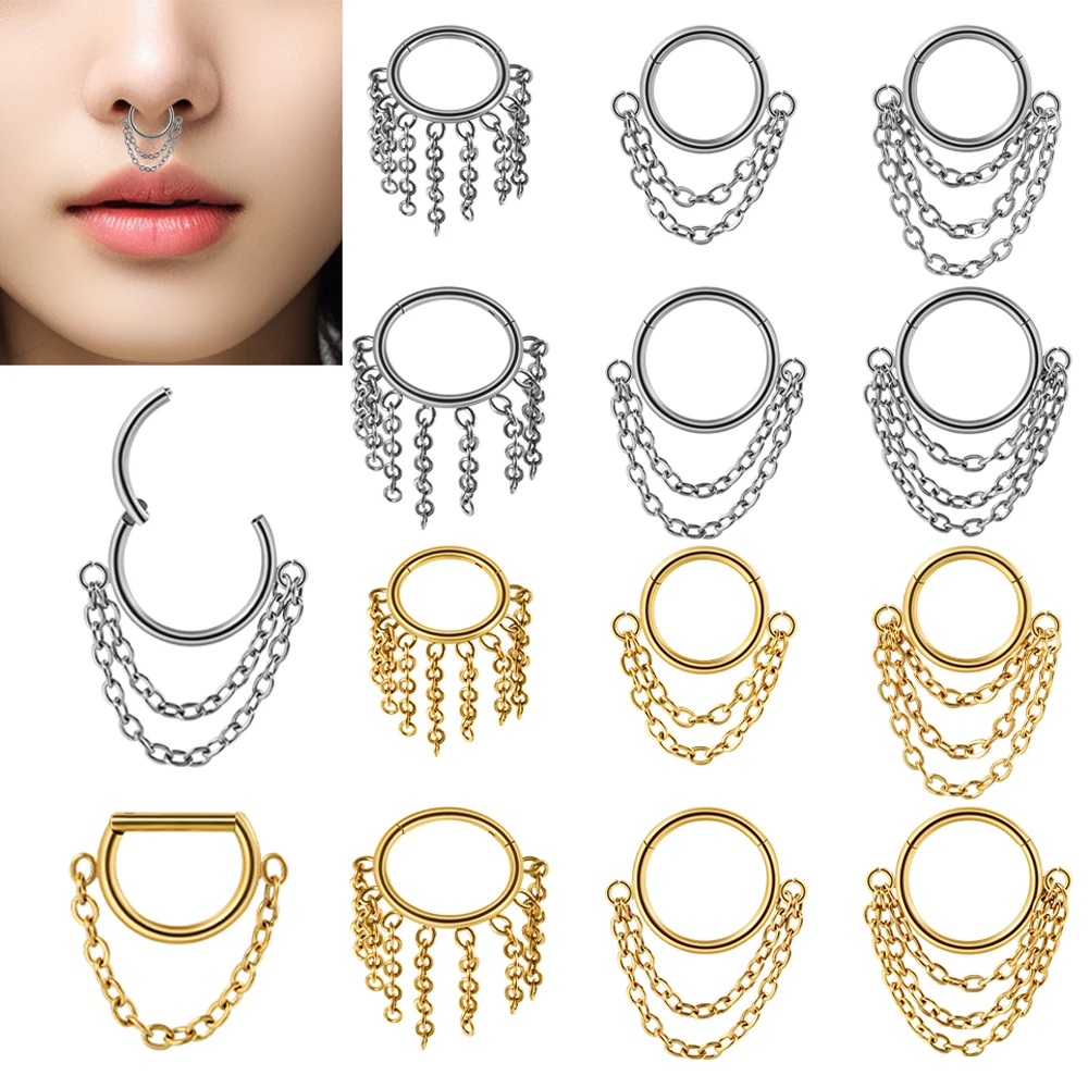 1pcs Surgical Steel Chain Dangle Septum Clicker Hoop Ear Cartilage Tragus Septum Piercing Ring Nose Ring Body Piercing Jewelry