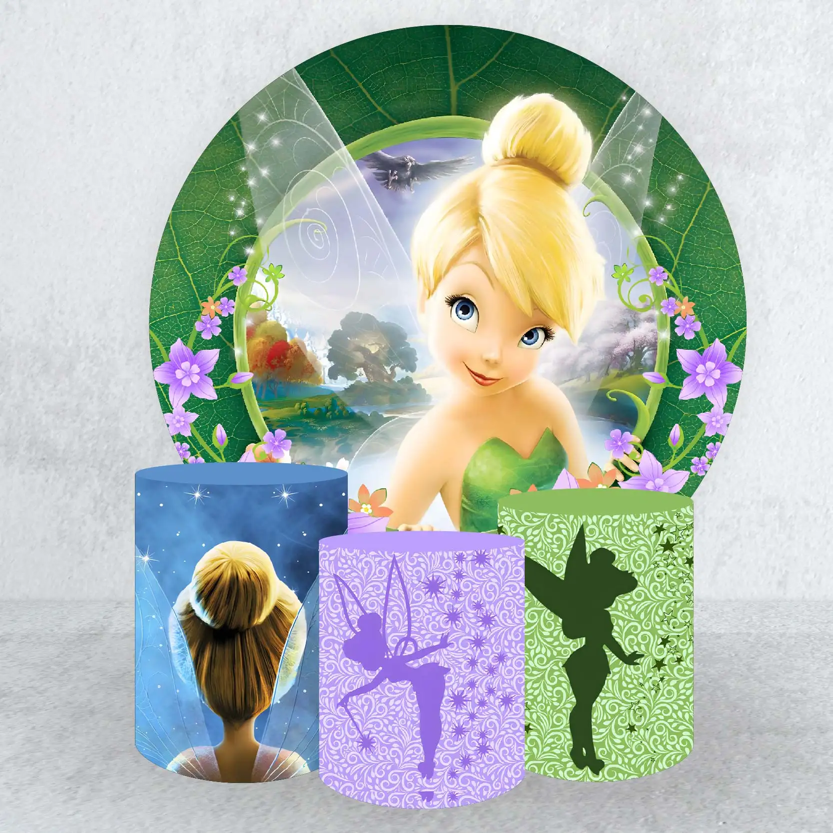 Disney Tinker Bell Circle Backdrop Cover and Cylinder Covers for Girl's Baby Shower Decoration Kids' Birthday Party Supplies