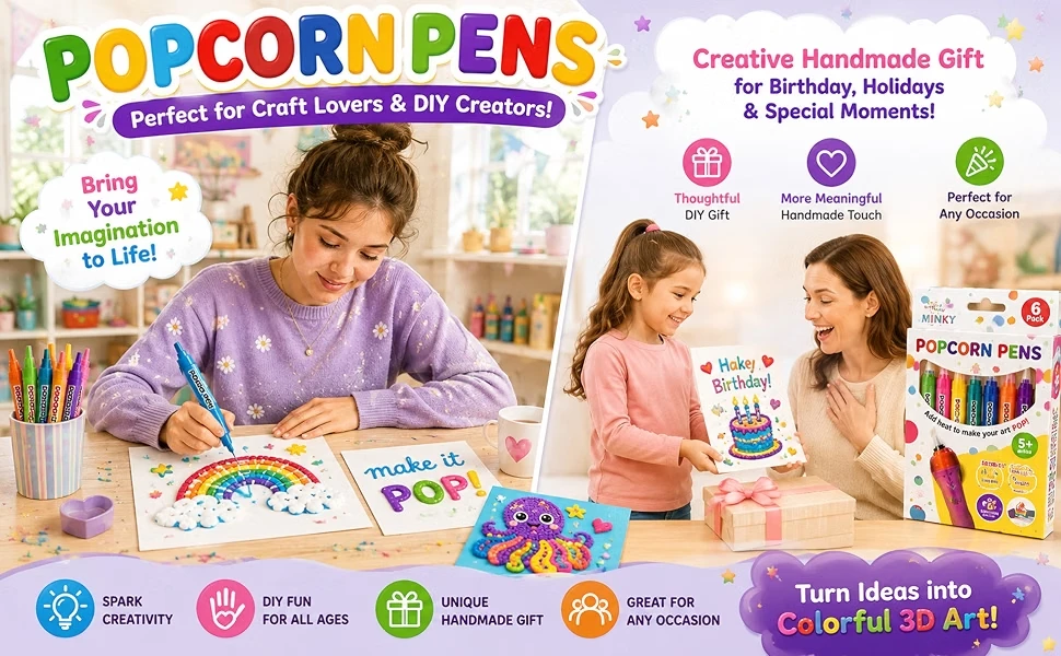 Puffy Popcorn Stift-Set 6/12 Farben 3D-Kunstmarker Glatter, einfach zu färbender Zeichenstift für Tagebuch, Notizbuch, Grußkarte, DIY-Bastelarbeiten – Detail 1