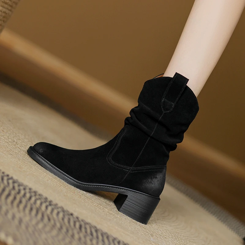 2024 New Women High Heel Cow Suede Leather Shoes Boots Western Cowboy Boots Women Fashion Round Toe Thick Soled Short Shoes