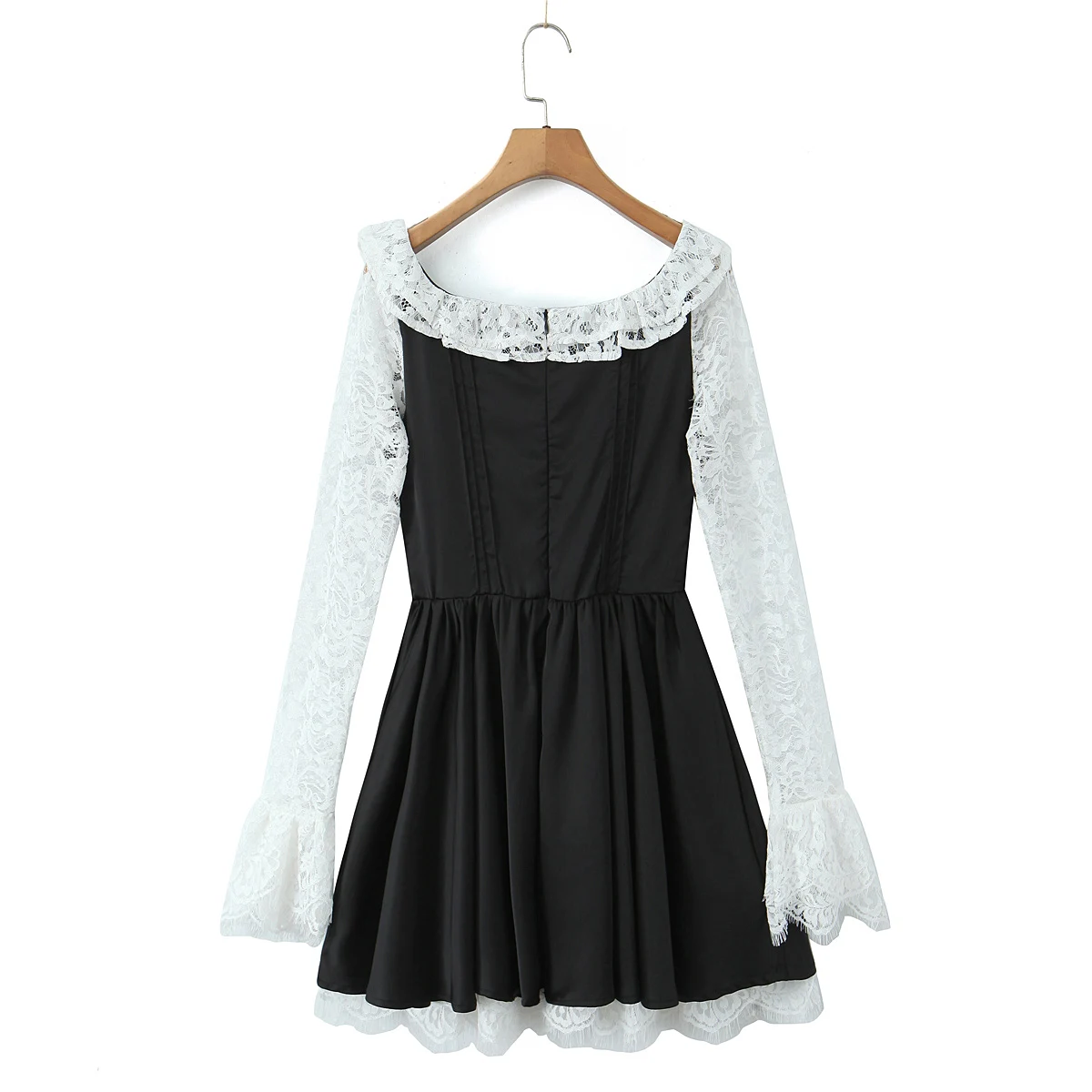 2025 nowa wiosna z długim rękawem czarne łączenie biała koronkowa Mini sukienka kwadratowy dekolt łuk satynowa talia sukienki damskie