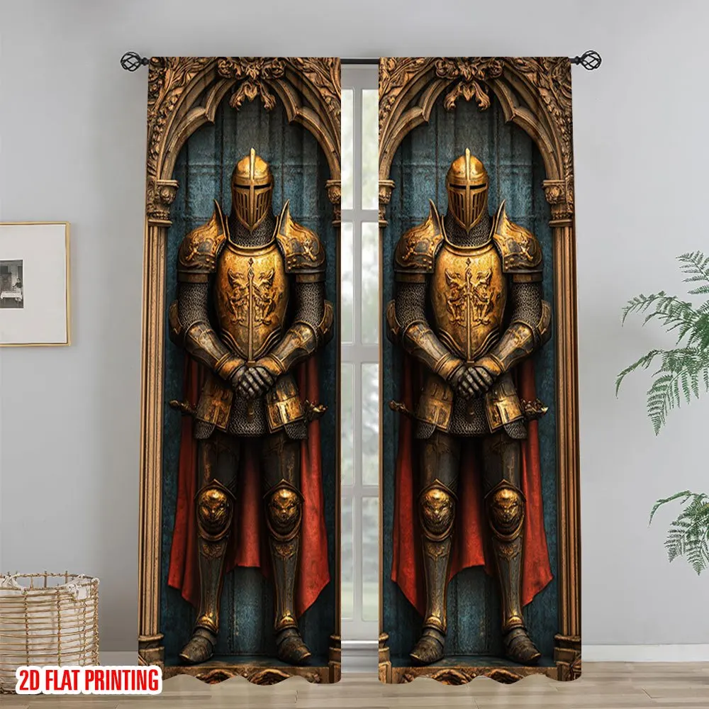 2pcs Golden Knight Armor Curtains Medieval Castle Living Room Bedroom Home Decor Window Drapes