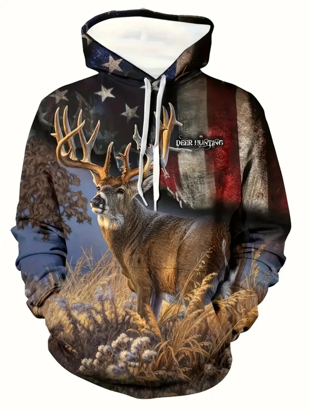 Men's Hoodie Deer Hunting 3D Print Autumn Casual Sweatshirts Vintage Pullover Polyester Tops Outdoor Comfortable Men's Clothing