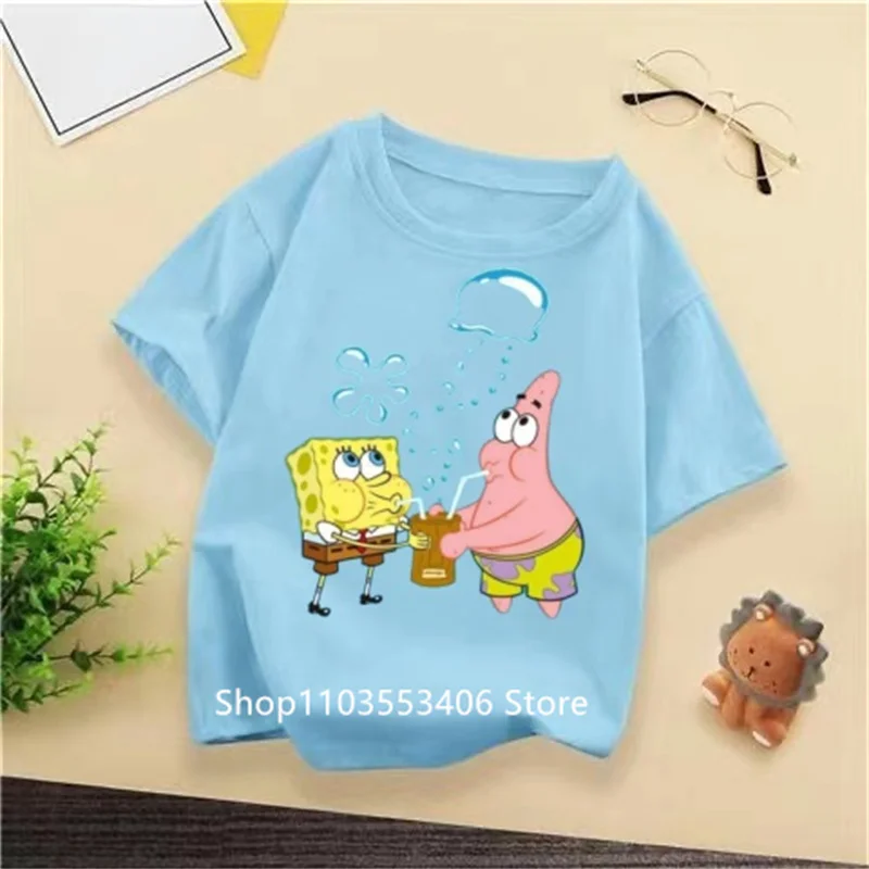 Fashion 2024 Summer Kids T-shirt, SpongeBob Squarepants Print Korean Hip Hop O-collar T-shirt, Harajuku kids set