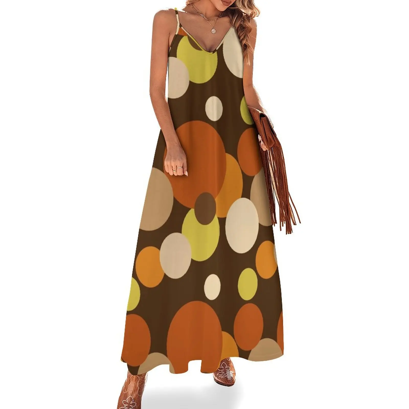 Big 70s polka dots brown Sleeveless Long Dress Female clothing luxury women's party dress evening prom Long dress