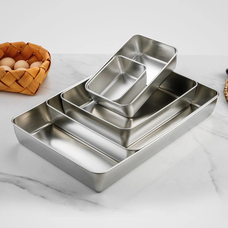 Rectangular Serving Storage Trays Stainless Steel Tiramisu Tray with Lid Deepen Cake Baking Pan Food Plate Kitchen Utensils