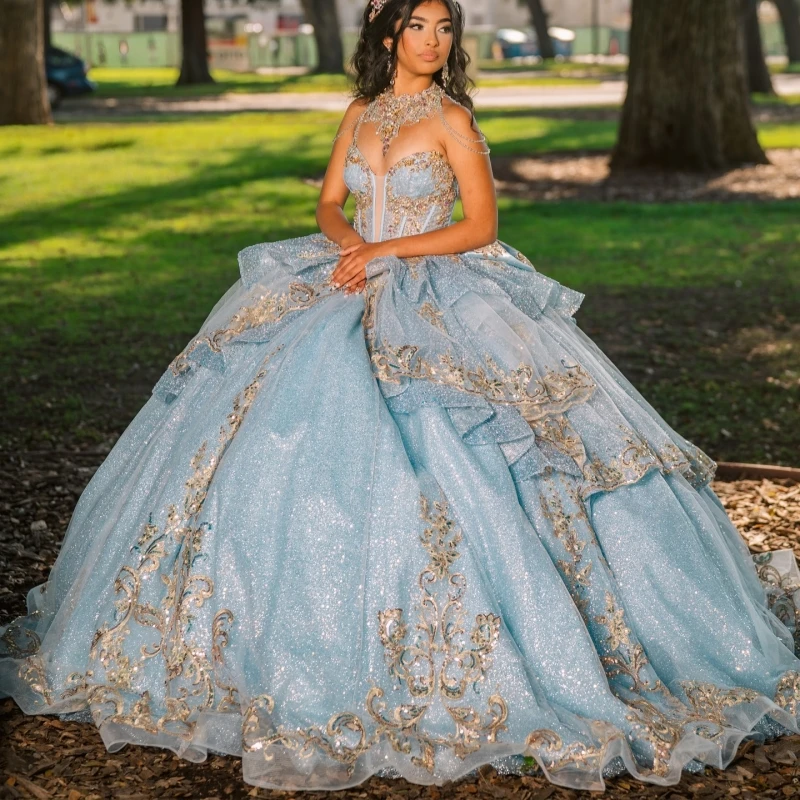 

Голубое блестящее платье Quinceanera, бальное платье с открытыми плечами, золотая аппликация, кружево, бисер, кристалл, бант, корсет, тюль, вечеринка, день рождения