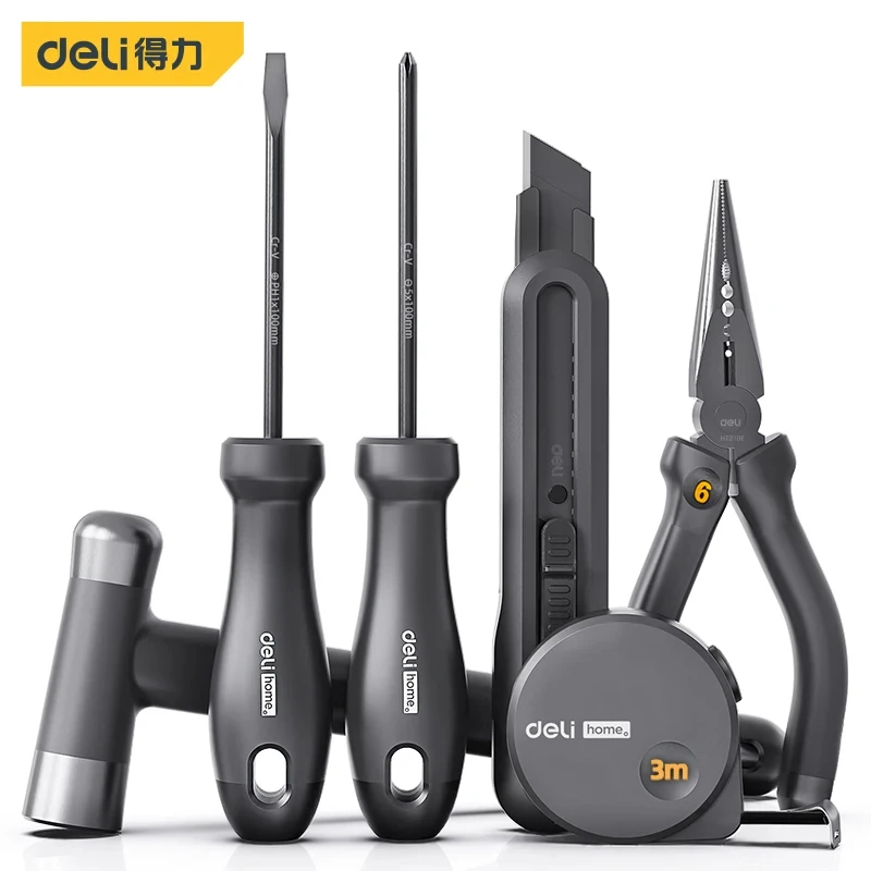 DELI Black 6Pcs Multitool Sets Installation Nail Hammer Tape Measuring Home Wrench/Pliers/screwdriver Hand Repair Tools Kits