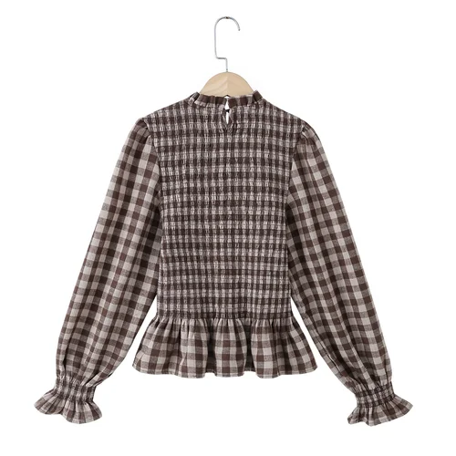 Imagen 2 del producto Zevity 2026 Blusa Elegante para Mujer con Pliegues y Volantes, Estampado a Cuadros Pequeños, Camisa Entallada Tipo Smock, Blusa de Manga Larga con Diseño de Panal de Abeja para Primavera LS9534