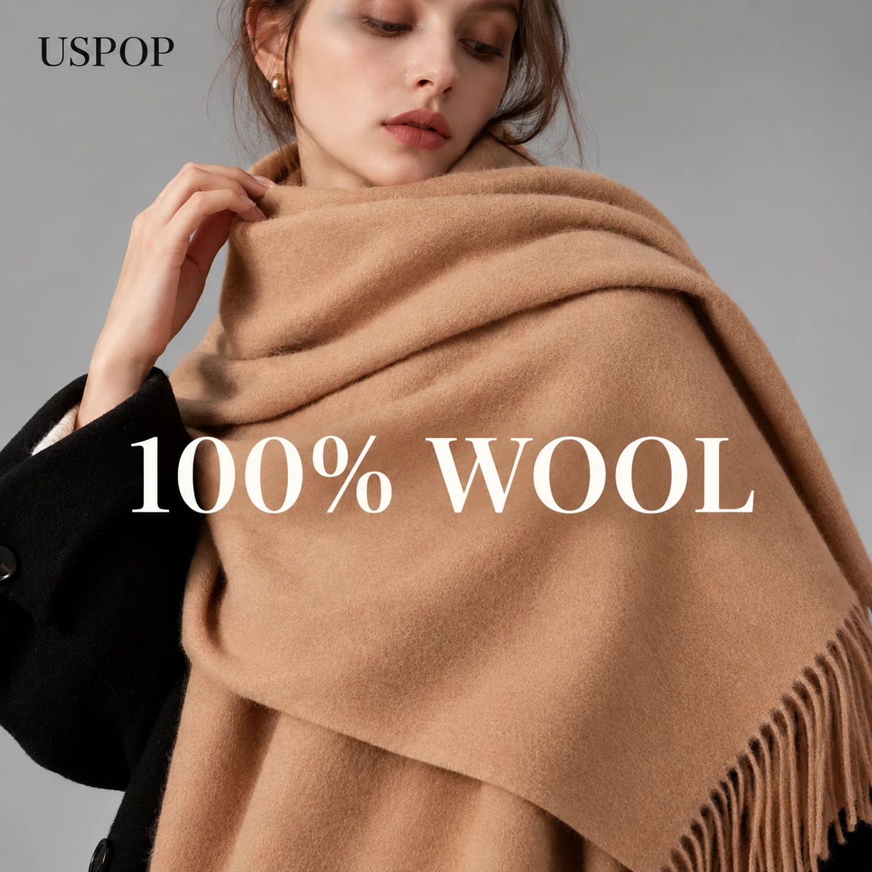 USPOP 100% Wool Oversized Scarf for Women Large Warm Winter Shawl Soft Long Wool Wrap with Fringe