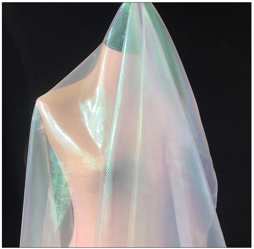 59in x 19.6in Designer Fluorescent Fabrics Colorful Shiny Gauze Fabric Stage Wedding Decor Voile Transparent Holographic Cloth