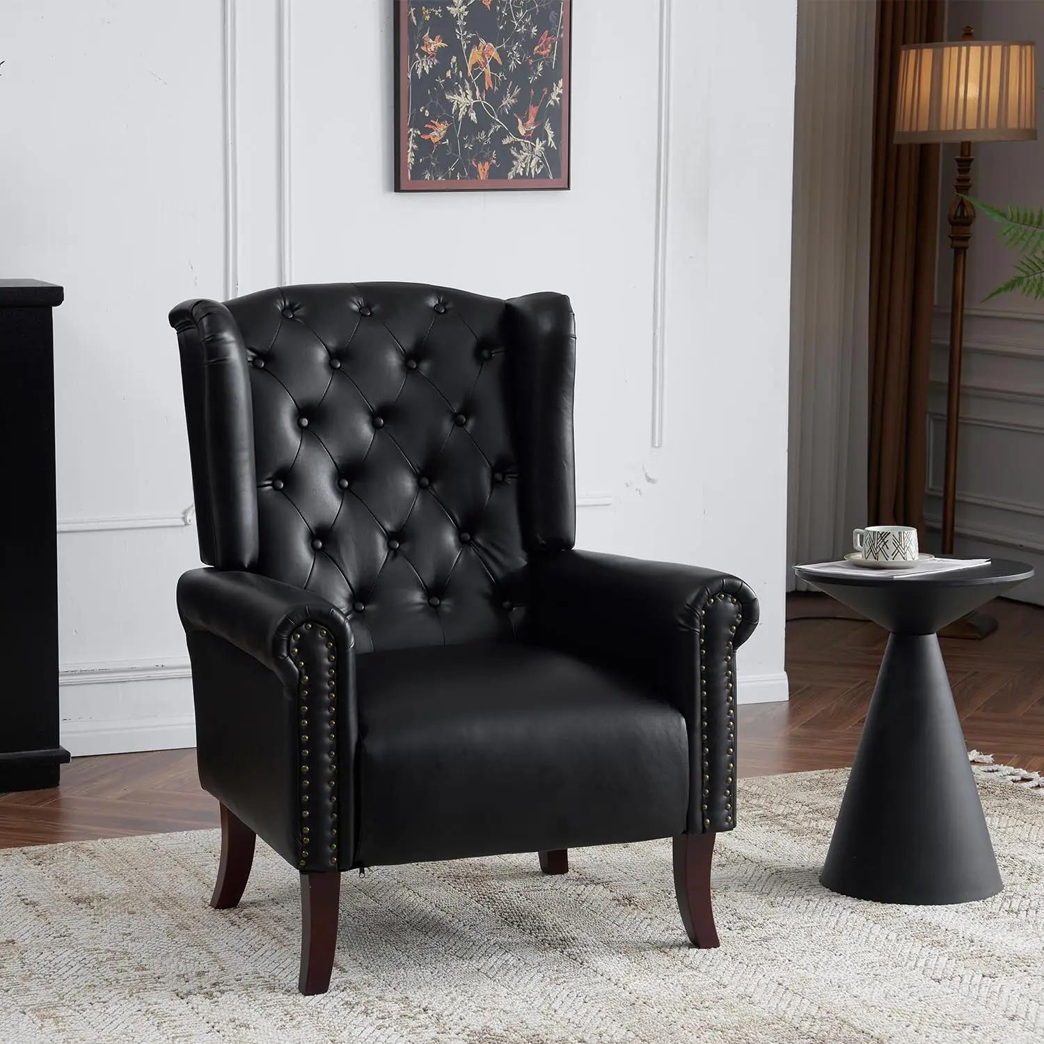 Upholstered Arm Chair with Sturdy Wooden Legs, Faux Leather Club Chair for Bedroom Study Home Office Reception (Black)