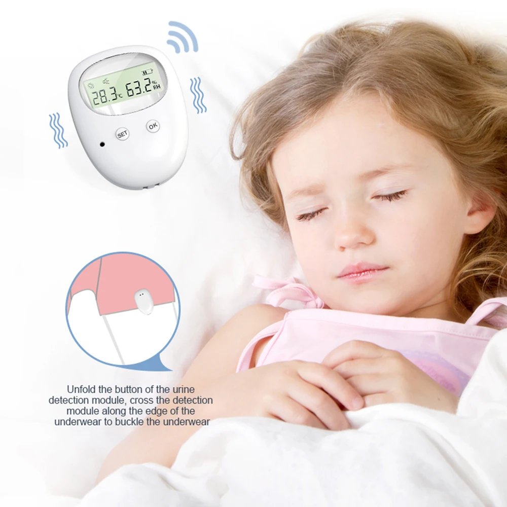 Wireless Baby Bedwetting Alarm Pee Alarm for Kids Potty Training Elder Care Vibration Sound Reminding Temperature Humidity