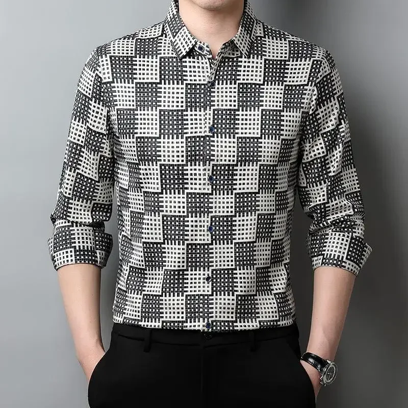 

Spring and Autumn Men's Polo Collar Cardigan Single Breasted Plaid Contrast Long Sleeve Bottom Shirt Fashion Casual Formal Tops
