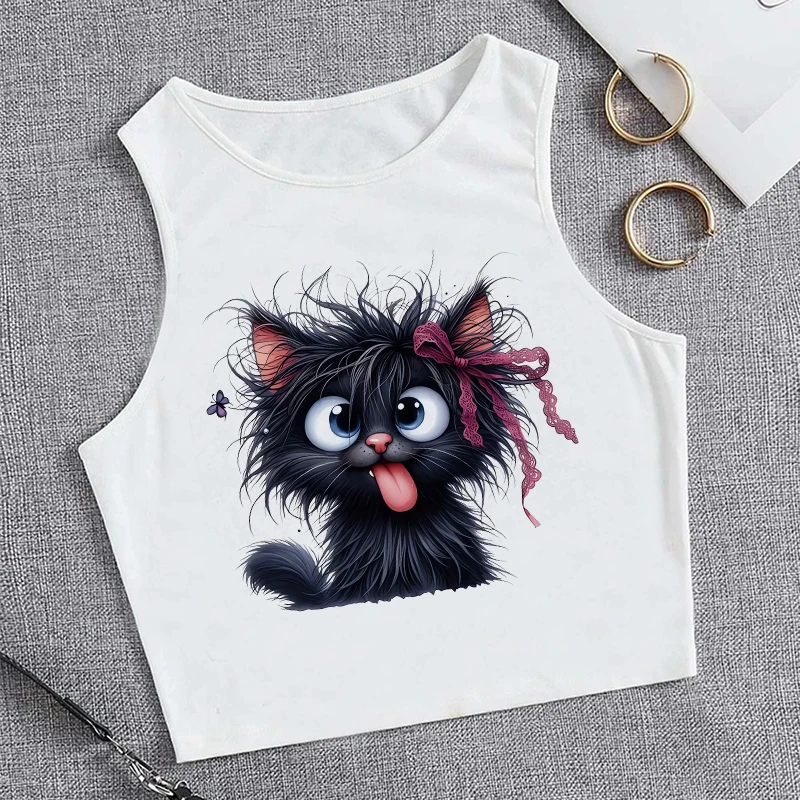 Funny Fried Cat  with Playful Bow Butterfly T-shirt  90s Cropped Women'S Sleeveless Tank Top  Vest Crop Top Tee Casual Shirt